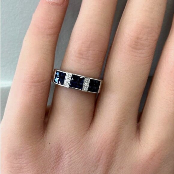 18K White Gold Princess Cut Blue Sapphire and Round Diamond Ring Band - Picture 1 of 7